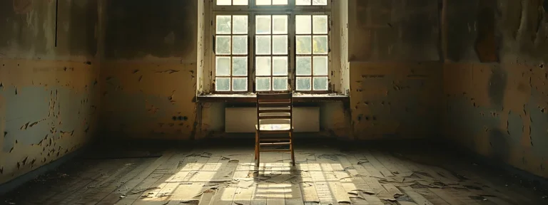 a hauntingly serene room filled with soft, dim light reveals an empty chair facing a large window, symbolizing the silent struggle and emotional weight of anxiety attacks.