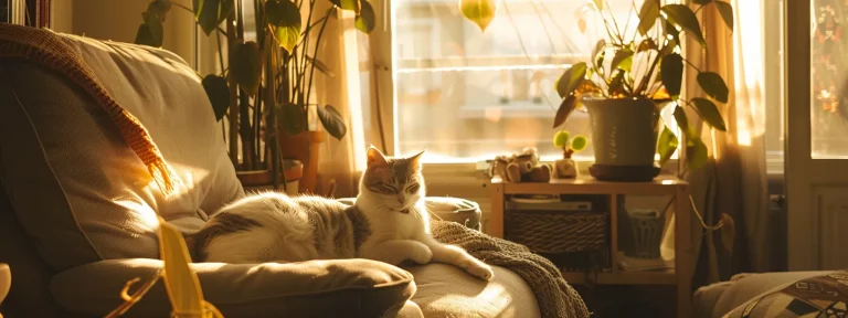 a serene indoor space softly illuminated by warm natural light, featuring a cozy corner with a plush chair, a gently resting cat, and an inviting emotional support animal letter displayed prominently, symbolizing comfort and companionship.