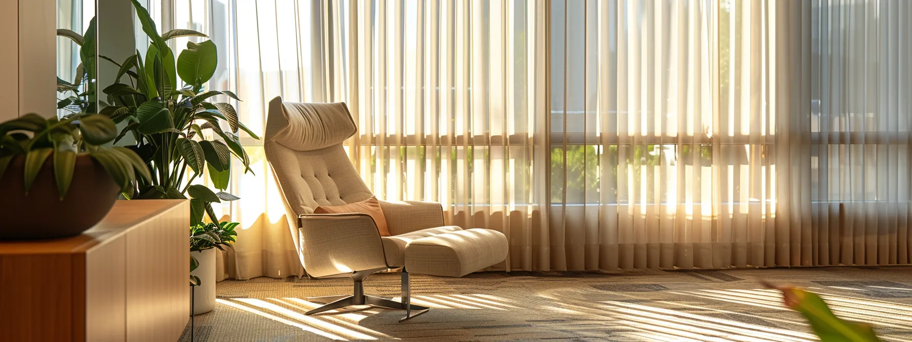 a serene, inviting office space with soft natural light filtering through the curtains, featuring a comfortable chair and a welcoming atmosphere that symbolizes accessibility and mental well-being for individuals seeking immigration psychological evaluation services.