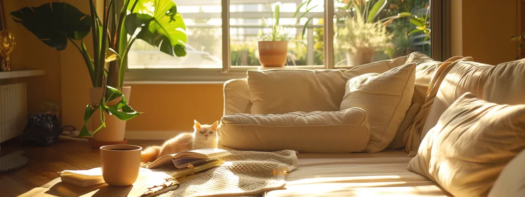 Serene living room with soft light and neutral decor