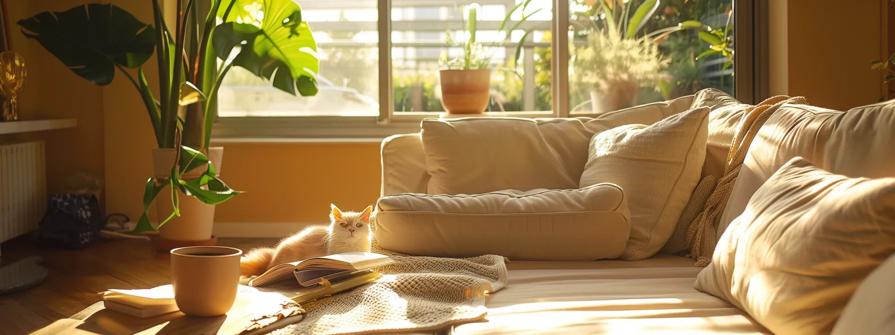 Serene living room with soft light and neutral decor