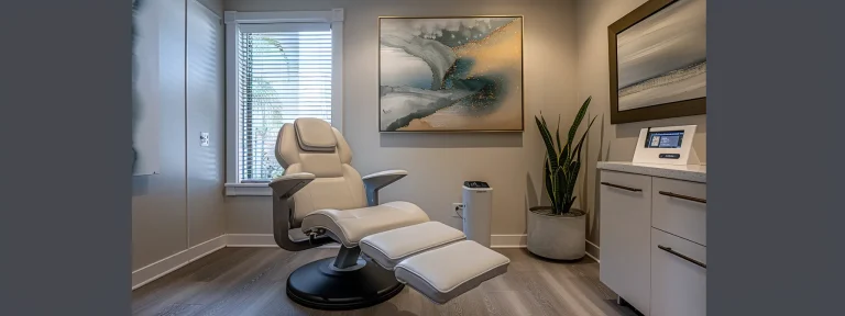 a serene, modern psychiatrist's office bathed in soft, natural light, featuring a comfortable chair, a framed abstract artwork, and a digital display indicating same-day virtual appointments.