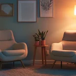 a serene and introspective setting, showcasing a cozy consultation room with soft lighting and calming decor, where a determined individual reflects on their journey towards bariatric surgery during a psychological evaluation.