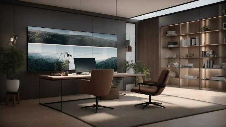 a tranquil, modern home office illuminated by soft natural light, featuring a large screen displaying a focused virtual psychiatrist consultation, symbolizing the accessibility and comfort of telepsychiatry.