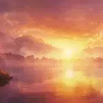 a breathtaking sunrise spills over a tranquil lake, illuminating the misty mountains in warm hues of orange and pink, creating a serene and ethereal atmosphere.