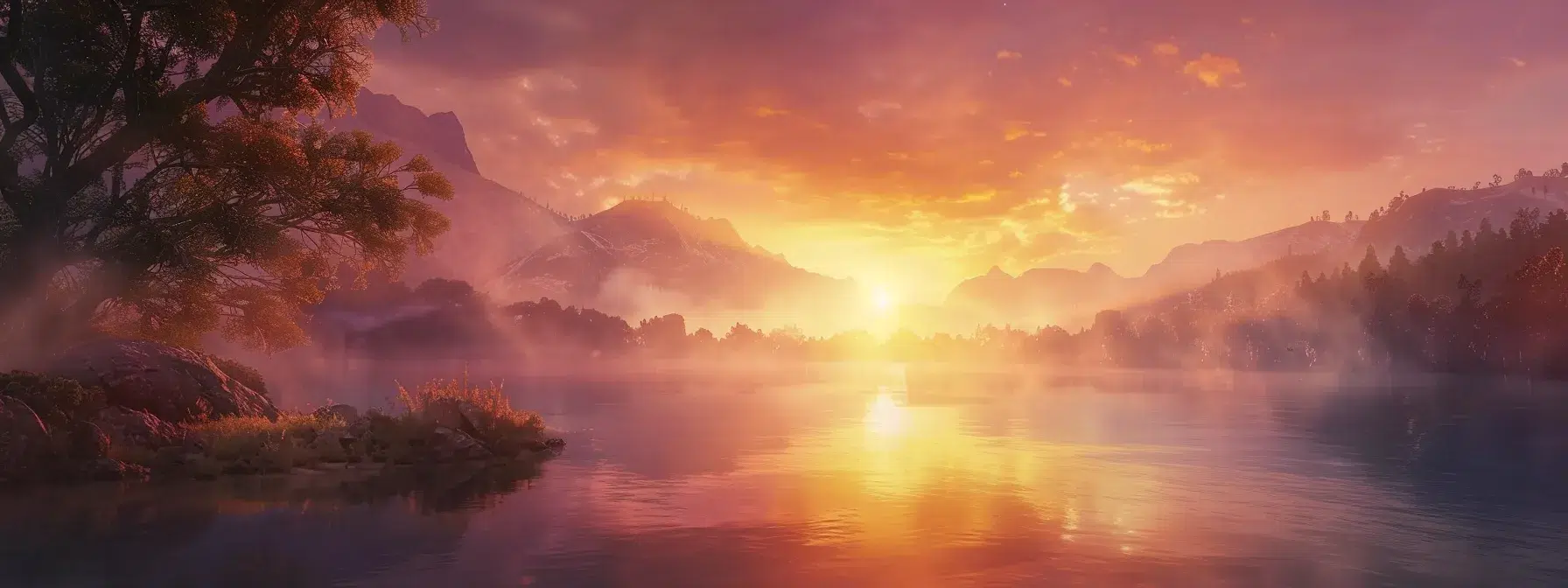 a breathtaking sunrise spills over a tranquil lake, illuminating the misty mountains in warm hues of orange and pink, creating a serene and ethereal atmosphere.