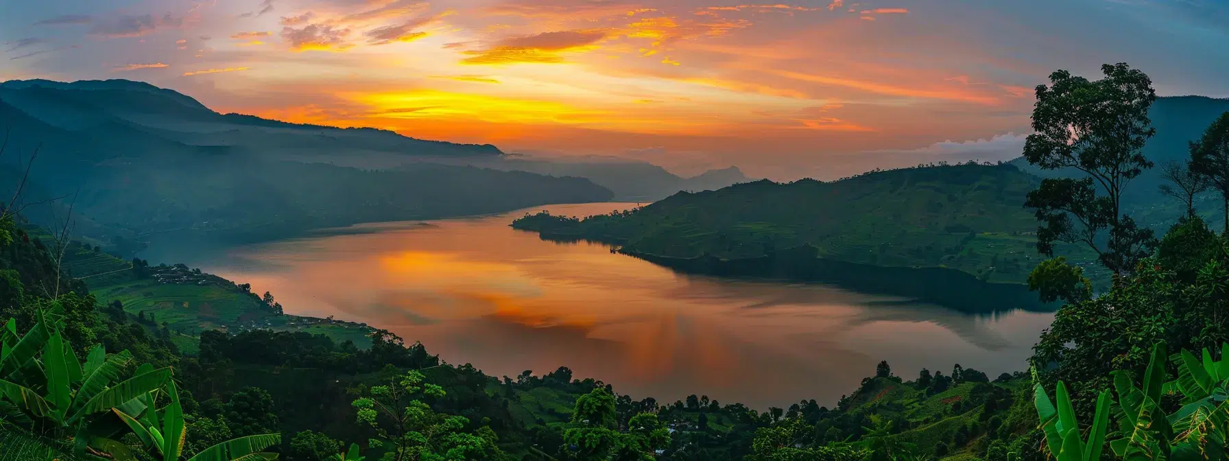 a breathtaking sunset casts vibrant orange and pink hues over a tranquil lake, reflecting the colors of the sky and surrounding lush greenery, creating a serene atmosphere of nature's beauty.