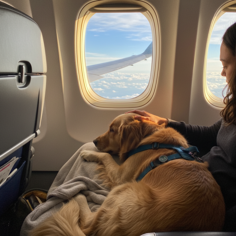 Small dog sitting calmly on an airplane seat, traveling as an emotional support animal with its owner