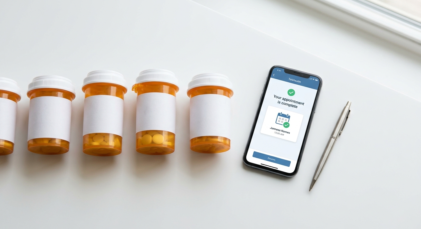 Close up of prescription medication bottles representing online psychiatric medication management