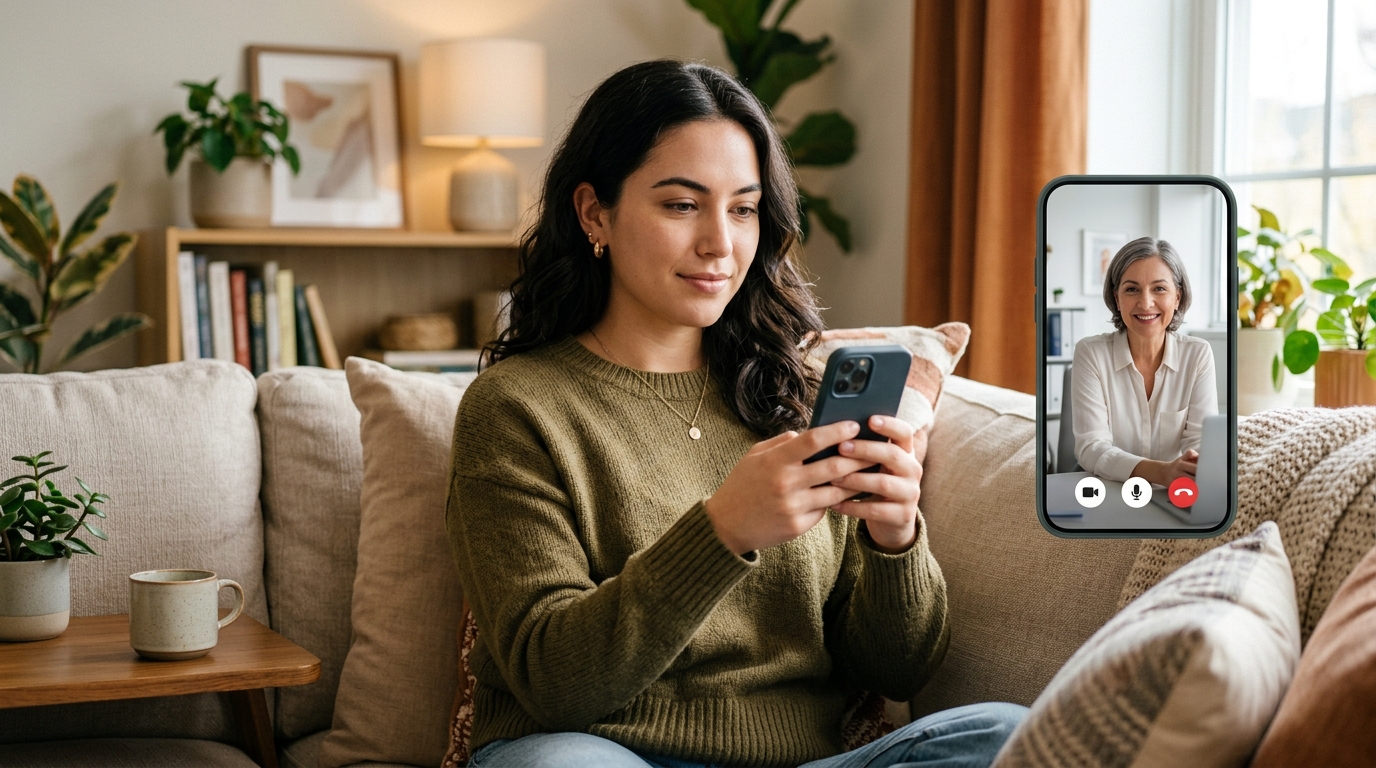 Person having an online medication management telehealth appointment on their phone at home