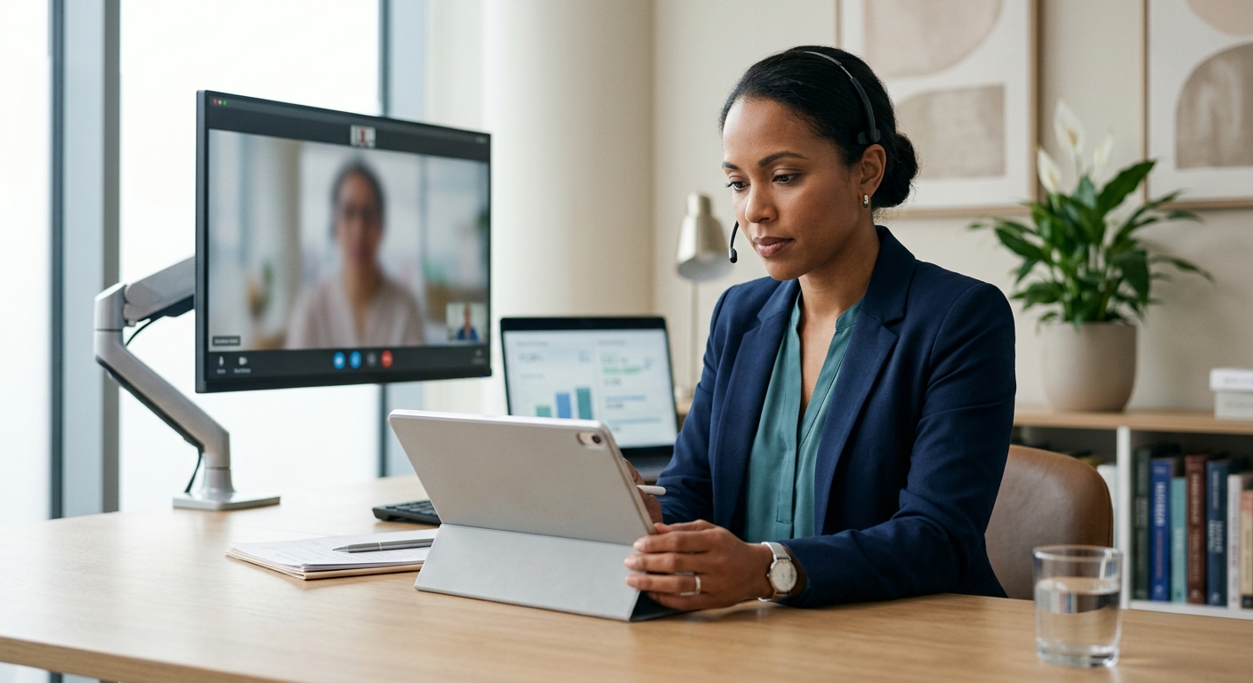 Board-certified psychiatrist reviewing prescription medication options during an online telepsychiatry appointment