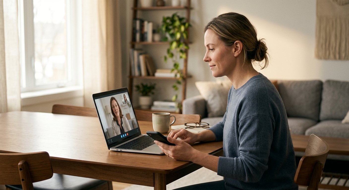 Adult at home joining a same-day online psychiatrist appointment by video on a laptop