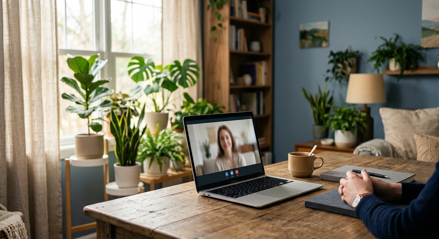 Home office set up for a same-day telepsychiatry video appointment with a board-certified psychiatric nurse practitioner